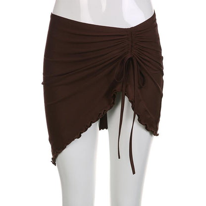 Drawstring ruffle irregular self tie solid mini skirt