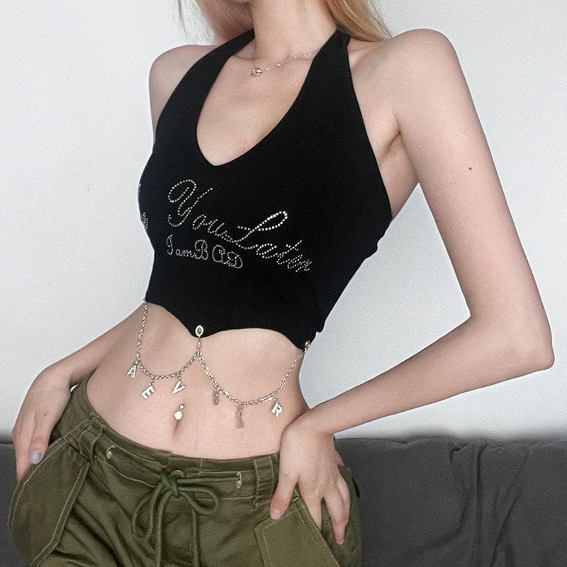 Halter beaded backless metal chain crop top