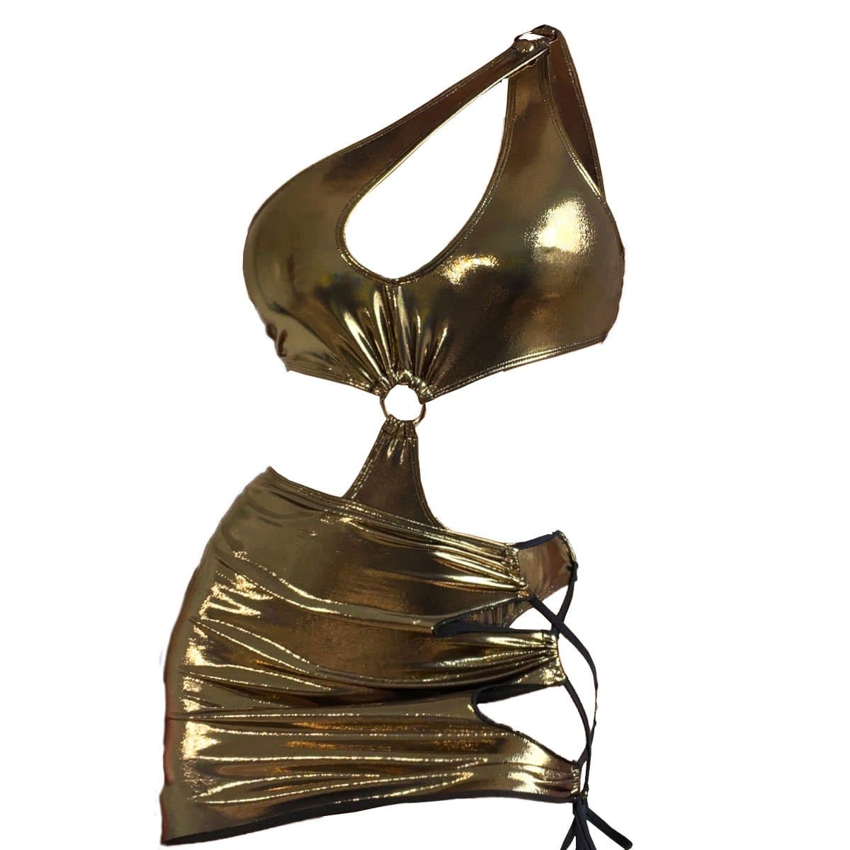 Costume da bagno intero con spalla scoperta, lacci e gonna da spiaggia in metallo