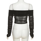 Sheer mesh see through long sleeve off shoulder ruched crop top