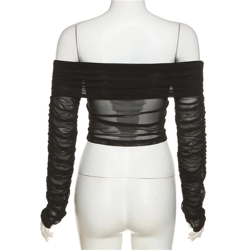 Sheer mesh see through long sleeve off shoulder ruched crop top