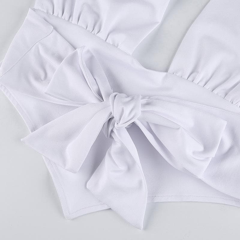 Halter backless solid ruched self tie top