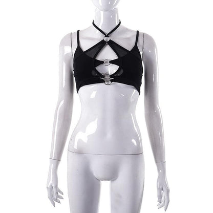 Top corto in rete con scollo a V, senza schienale, in patchwork e con scollo a V