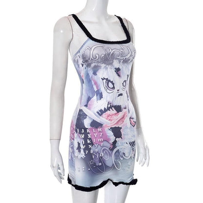 Comic pattern contrast ruffle backless square neck sleeveless mini dress