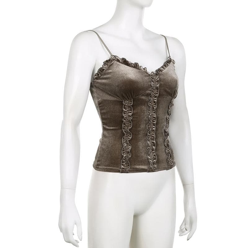 Ruffle velvet contrast v neck ruched backless cami top