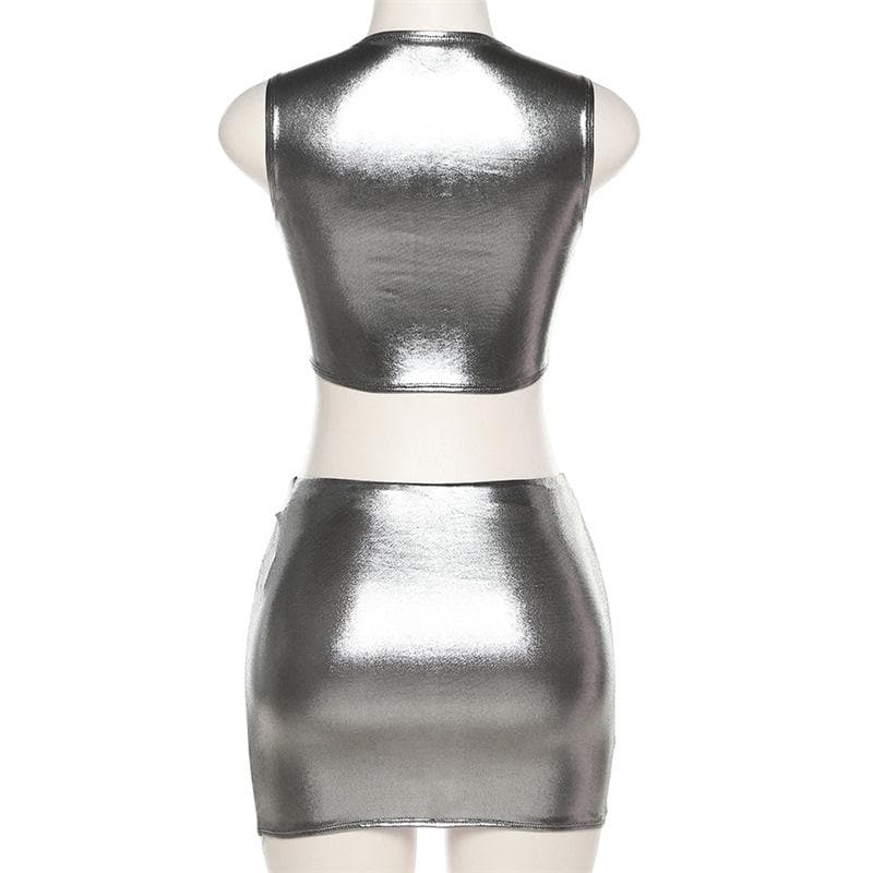 Metallic sleeveless round neck mini skirt set