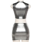 Metallic sleeveless round neck mini skirt set