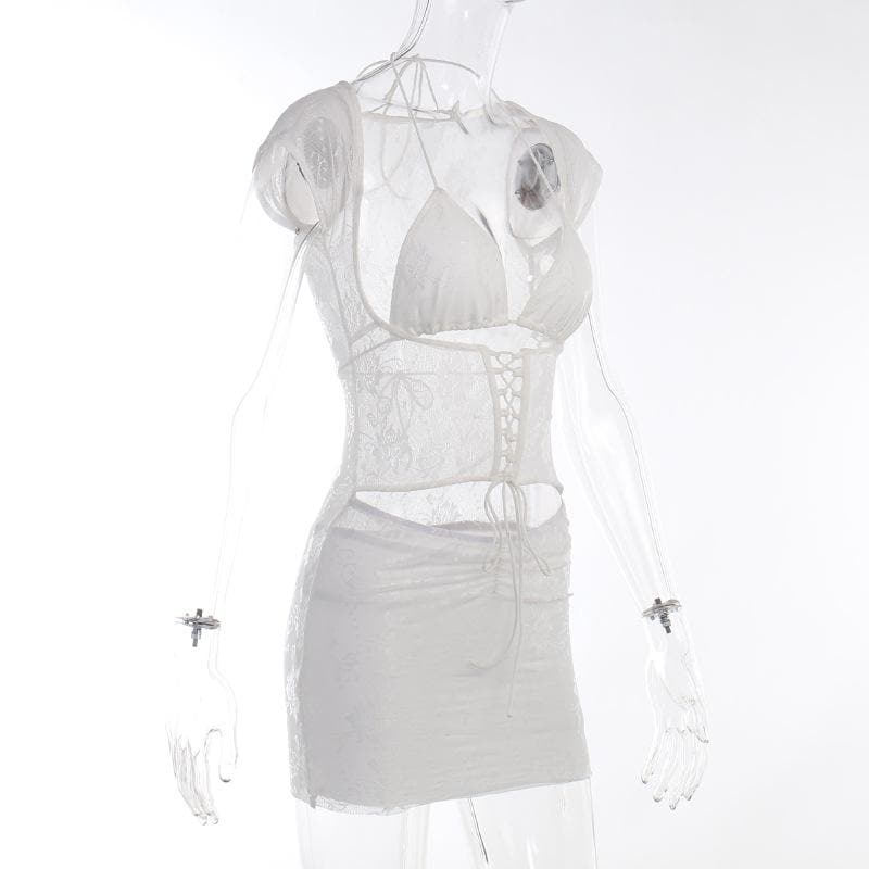 Lace halter cap sleeve ruched corset lace up solid mini skirt set