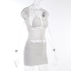 Lace halter cap sleeve ruched corset lace up solid mini skirt set