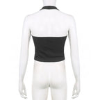 Top corto con scollo a V, schiena nuda e coste ricamate all'americana 