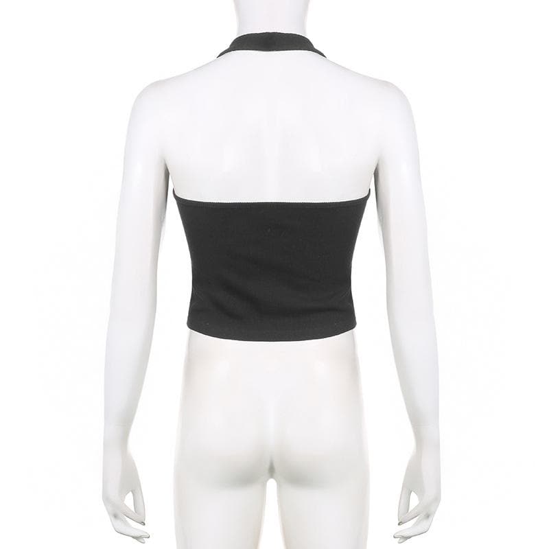 Top corto con scollo a V, schiena nuda e coste ricamate all'americana 