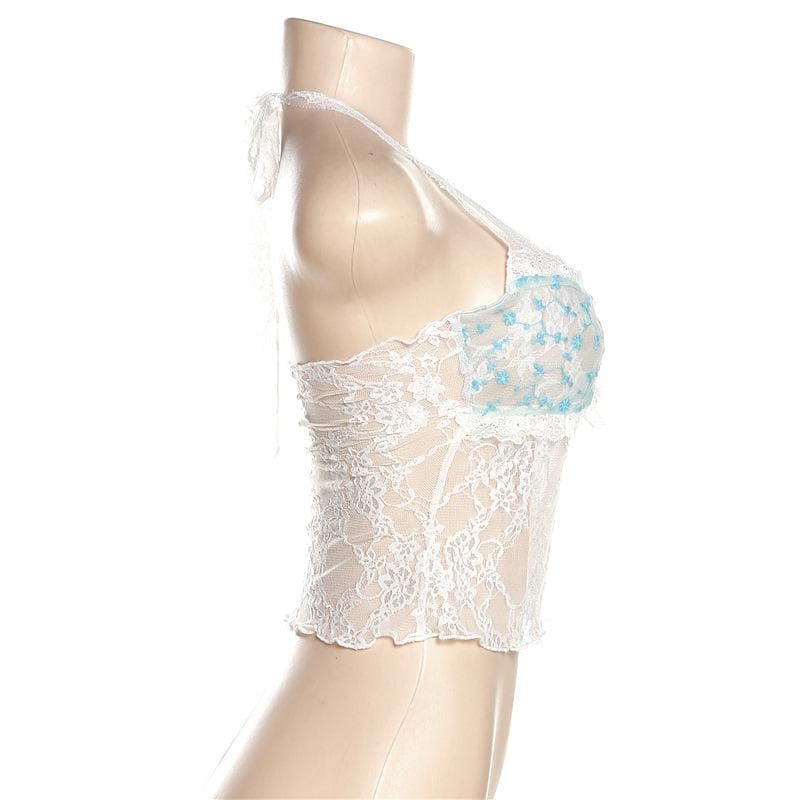 Lace ruffled see through flower low cut backless halter top