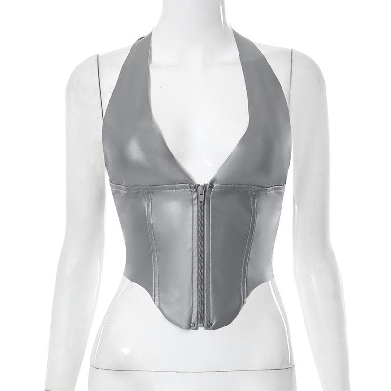 Neckholder-Crop-Top aus PU-Leder mit Reißverschluss und rückenfreiem V-Ausschnitt 