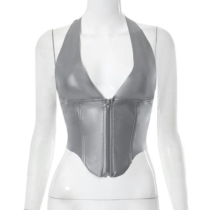 Neckholder-Crop-Top aus PU-Leder mit Reißverschluss und rückenfreiem V-Ausschnitt 