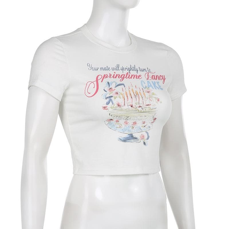 Cake pattern contrast short sleeve crewneck crop top