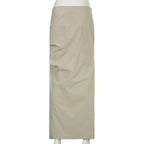 Ruched solid zip-up slit cargo maxi skirt