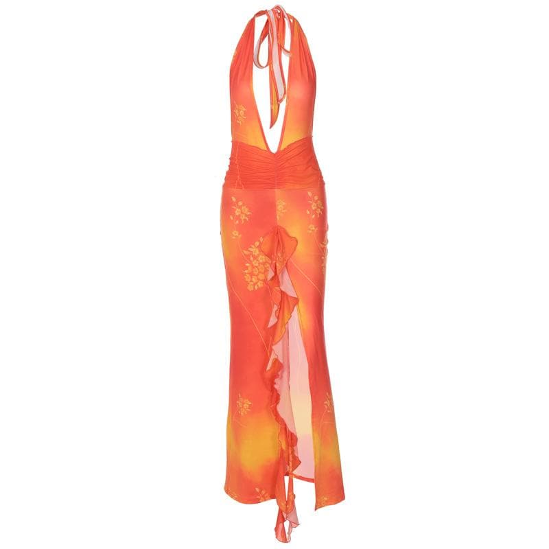 Ruched backless halter self tie v neck slit tie dye maxi dress