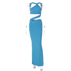 Backless hollow out o ring pearl chain solid maxi dress