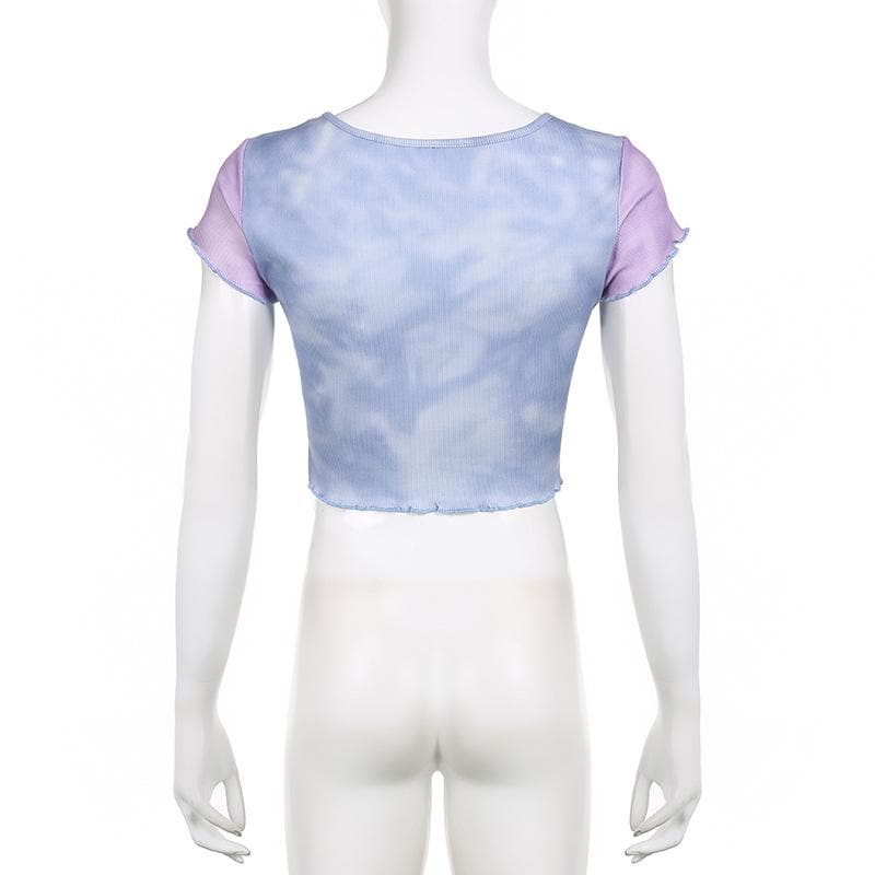 Top corto tie-dye con maniche a cappuccio e motivo a stelle arricciate a contrasto 