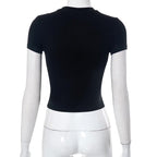 Hollow out embroidery contrast short sleeve crewneck crop top