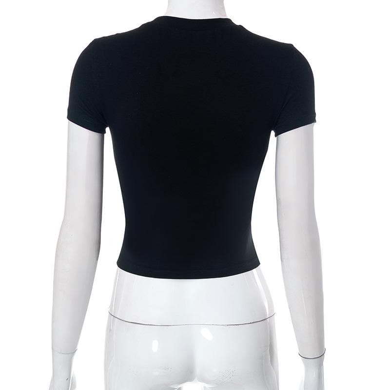 Crop-Top mit Rundhalsausschnitt und Stickerei in Kontrastfarbe, kurzärmlig 