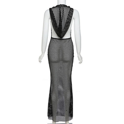Ärmelloses, durchsichtiges Maxikleid mit Kapuze und Wasserfallausschnitt im Fischnetz-Look