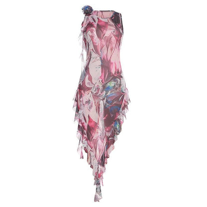 Ärmelloses Maxikleid aus transparentem Netzstoff mit abstraktem Druck und kontrastierenden Rüschen 
