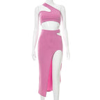 Ribbed solid one shoulder hollow out slit irregular midi dress