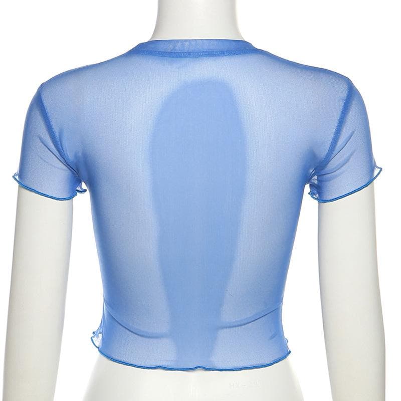 Short sleeve sheer mesh see through ruffle contrast print crop top