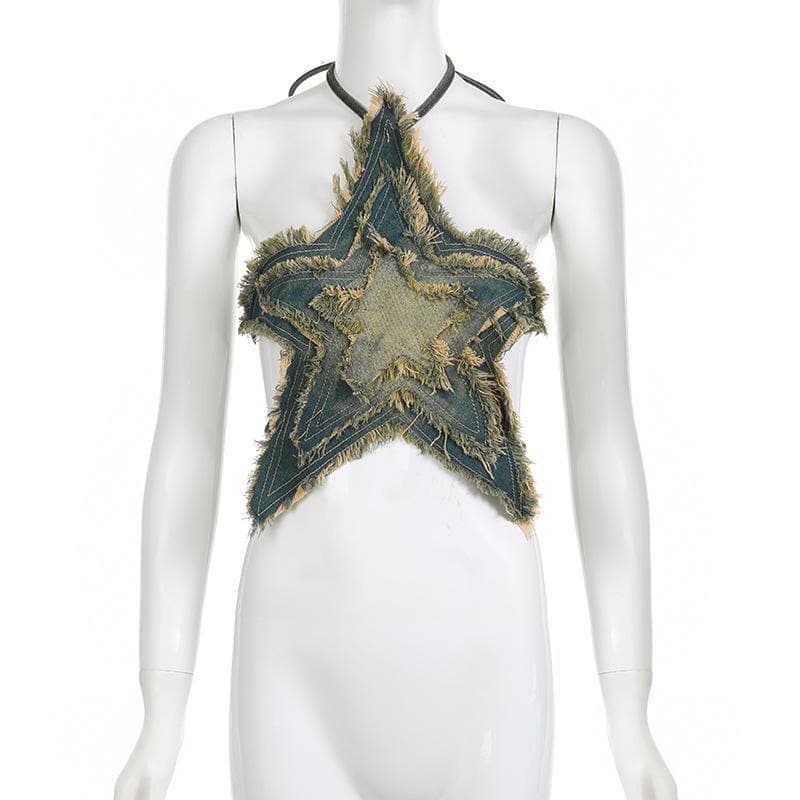 Halter self tie denim star pattern backless contrast top