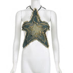 Halter self tie denim star pattern backless contrast top
