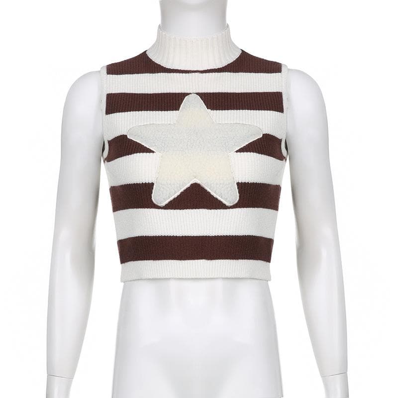 Star pattern patchwork high neck sleeveless striped knitted crop top - Final Sale