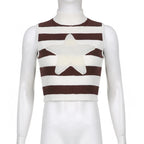 Star pattern patchwork high neck sleeveless striped knitted crop top - Final Sale