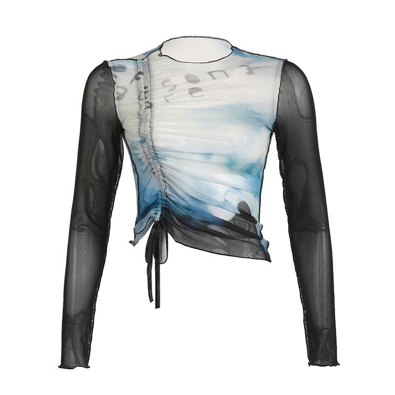Drawstring long sleeve sheer mesh see through ruched contrast top