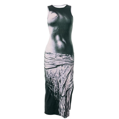 Contrast print sleeveless crewneck slit midi dress