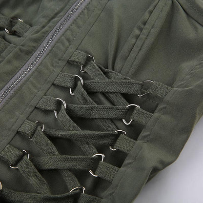 Solid lace up zip-up cargo tube crop top