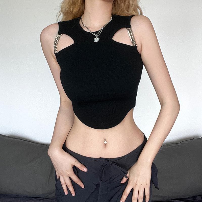 Crewneck sleeveless hollow out metal chain solid crop top