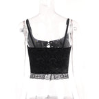 Lace up backless velvet lace hem square neck cami crop top