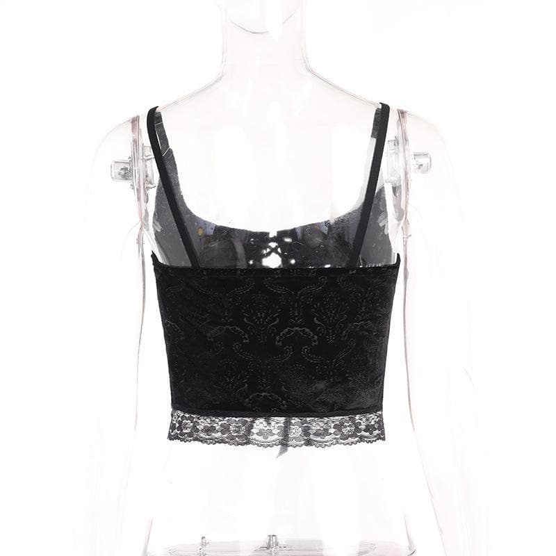 Lace up backless velvet lace hem square neck cami crop top