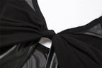 Mesh knotted PU leather patchwork halter solid v neck crop top