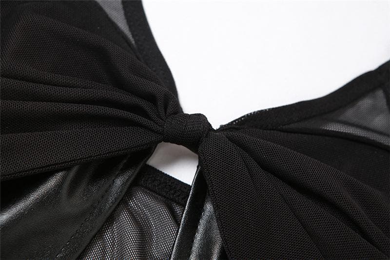 Mesh knotted PU leather patchwork halter solid v neck crop top