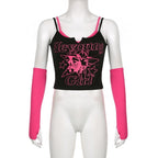 Abstract Patchwork Notch Neck Gloves Contrast Crop Top