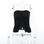 Button solid ruched backless ribbed tube crop top