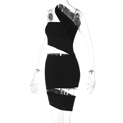 Hollow out irregular solid one shoulder ruched mini dress