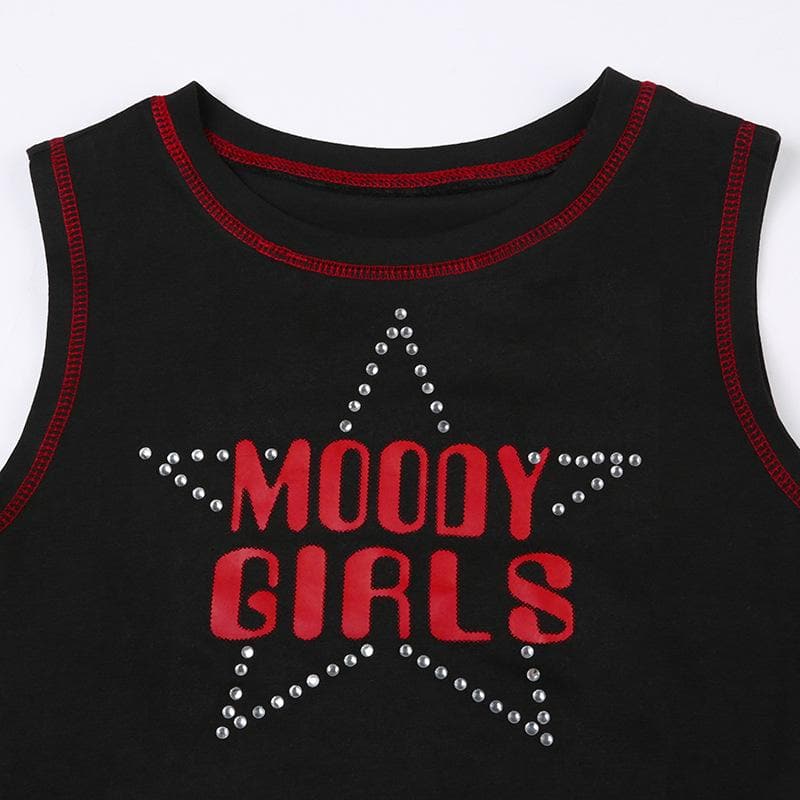 Star pattern beaded contrast stitch sleeveless crop top