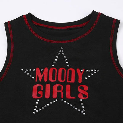 Star pattern beaded contrast stitch sleeveless crop top