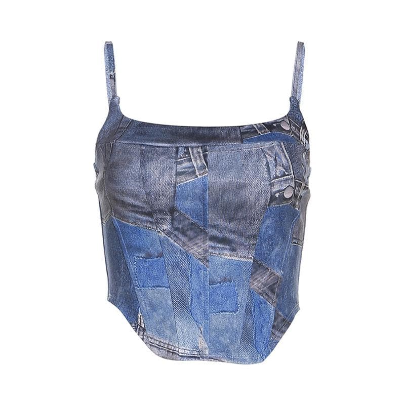 Top canotta con stampa in denim a contrasto e scollo quadrato senza schienale 
