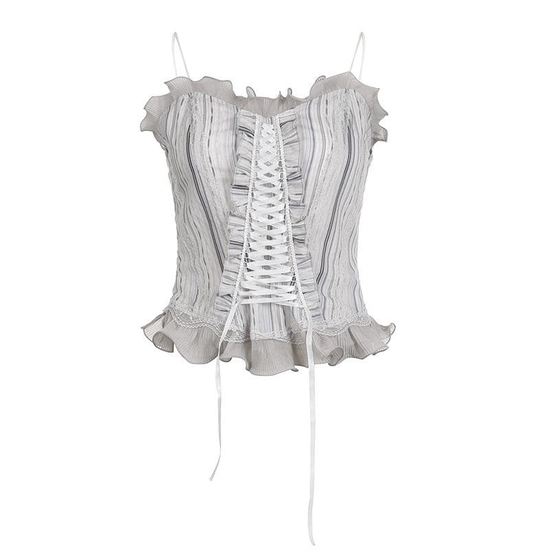 Ruffle striped contrast lace hem corset lace up backless top