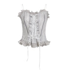 Ruffle striped contrast lace hem corset lace up backless top