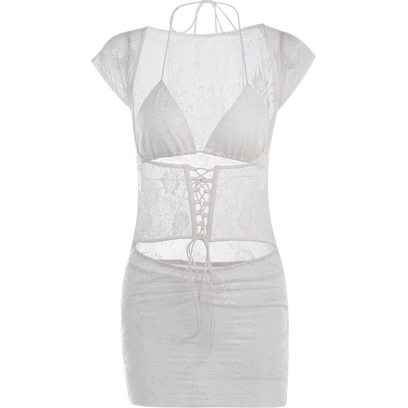 Lace halter cap sleeve ruched corset lace up solid mini skirt set